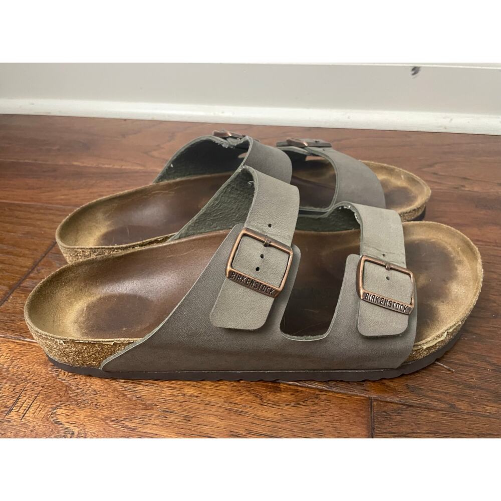 Birkenstock Men's Taupe Two-Strap Sandals with Bronze Buckles